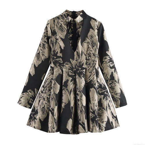 Elegant Jacquard Long Sleeve Dress Women V-Neck Hollow Out Waist Retro Puffy Mini Dress For Party Socialite Night Out Clothing