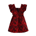 Women's Elegant Red Floral Jacquard Mini Dress Vintage V-Neck Ruffle Fly Sleeve High Waist A-Line Party Dress with Back Zipper Closure for Ladies