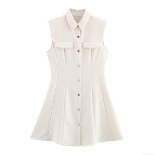 Women's Sleeveless Shoulder Pad Mini Dress Polyester Lapel Gold Button Down Commute Style Slim Fit A-Line Short Dress Office Lady Elegant Summer Outfits