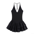 Women Sexy Balletcore Backless Mini Dress V Neck Sleeveless Cross Back Tiered Ruffle Hem Layered Slim Fit Sexy Polyester Blend Summer Party Vacation Dress