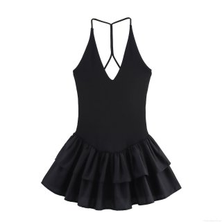 Women Sexy Balletcore Backless Mini Dress V Neck Sleeveless Cross Back Tiered Ruffle Hem Layered Slim Fit Sexy Polyester Blend Summer Party Vacation Dress