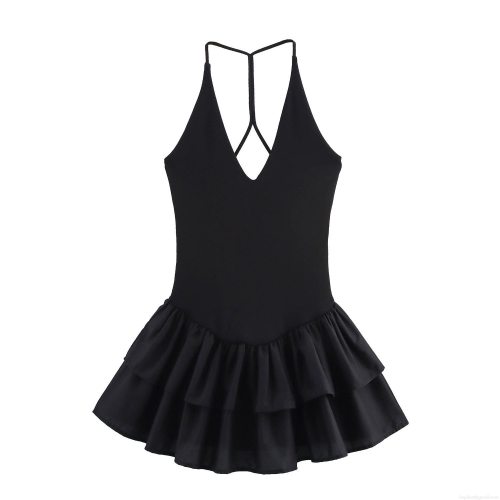 Women Sexy Balletcore Backless Mini Dress V Neck Sleeveless Cross Back Tiered Ruffle Hem Layered Slim Fit Sexy Polyester Blend Summer Party Vacation Dress