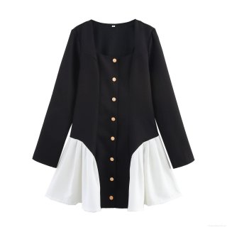 Women's Elegant Vintage Tweed Mini Dress Square Neck Long Sleeve Color Block Gold Button Pleated A-Line Party Dress