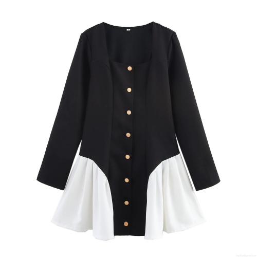 Women's Elegant Vintage Tweed Mini Dress Square Neck Long Sleeve Color Block Gold Button Pleated A-Line Party Dress