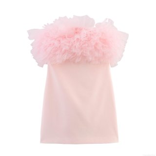 Women Sweet Pink Mesh Tulle Tube Top Mini Dress Layered Ruffle Bodycon Party Dress Polyester Sleeveless Elegant Evening Dress for Women