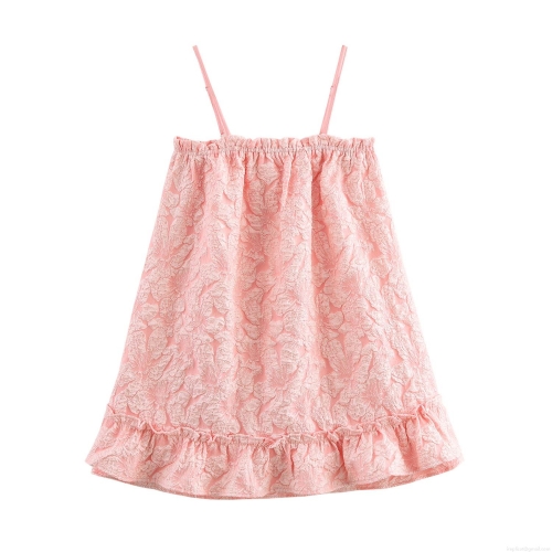 Women Sweet Pink Jacquard Camisole Mini Dress With Adjustable Spaghetti Straps And Ruffle Hem Elegant Girly A-Line Summer Party Dress For Date Night