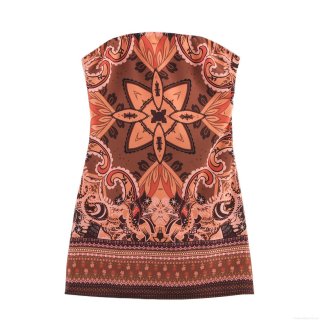 Women's Bohemian Paisley Print Strapless Mini Dress Sexy Backless Bodycon Vacation Beach Dress With Anti-slip Elastic Top