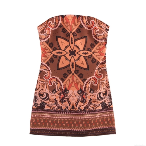Women's Bohemian Paisley Print Strapless Mini Dress Sexy Backless Bodycon Vacation Beach Dress With Anti-slip Elastic Top