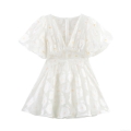 Women's Elegant White V Neck Puff Sleeve Mini Dress Sweet Floral Embroidery Mesh Tulle Party Short Dress For Date Wedding