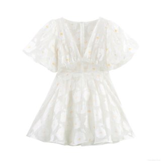 Women's Elegant White V Neck Puff Sleeve Mini Dress Sweet Floral Embroidery Mesh Tulle Party Short Dress For Date Wedding