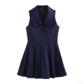 Women Preppy Style Sailor Collar Sleeveless Mini Dress Polyester Lace Trim Gold Buttons Pleated Skirt Navy Blue Summer Casual Dress for Women