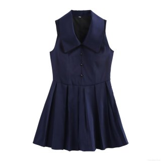Women Preppy Style Sailor Collar Sleeveless Mini Dress Polyester Lace Trim Gold Buttons Pleated Skirt Navy Blue Summer Casual Dress for Women