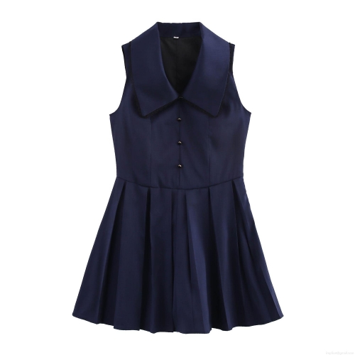 Women Preppy Style Sailor Collar Sleeveless Mini Dress Polyester Lace Trim Gold Buttons Pleated Skirt Navy Blue Summer Casual Dress for Women
