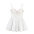 Women's Sweet Girl Style White Polyester Cotton Blend Mini Dress Square Neck Spaghetti Strap Pleated Skirt With Braided Rope Bow Detail High Waist Slim Fit Elegant Short Dress For Party Dating Summer