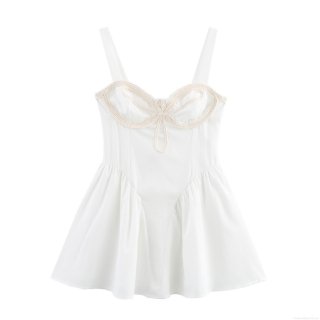 Women's Sweet Girl Style White Polyester Cotton Blend Mini Dress Square Neck Spaghetti Strap Pleated Skirt With Braided Rope Bow Detail High Waist Slim Fit Elegant Short Dress For Party Dating Summer