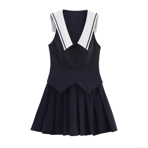 Women's Preppy Style Sailor Collar Sleeveless Pleated Mini Dress Navy Blue White Contrast Polyester High Waist School Uniform Style Short Dress