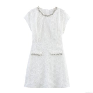 Elegant White Bodycon Mini Dress With 3D Rose Flower Texture Rhinestone Chain Round Neck Short Sleeve French Style Party Dress For Women