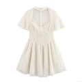 Elegant Women White Lace Dress Heart Neck Short Sleeve Waist-Defining A-Line Mini Dress For Party Evening Wedding Banquet Sexy Polyester Lace Dress