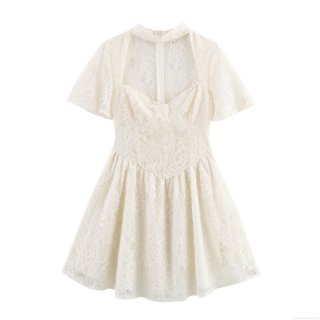 Elegant Women White Lace Dress Heart Neck Short Sleeve Waist-Defining A-Line Mini Dress For Party Evening Wedding Banquet Sexy Polyester Lace Dress