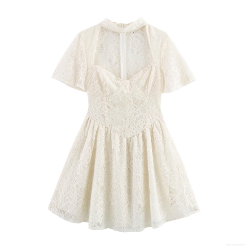 Elegant Women White Lace Dress Heart Neck Short Sleeve Waist-Defining A-Line Mini Dress For Party Evening Wedding Banquet Sexy Polyester Lace Dress