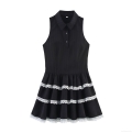 Women's Black Sleeveless Mini Dress Contrast White Lace Trim Layered Cake Skirt Ribbed Fabric Polo Collar Gothic Preppy Style Party Dress