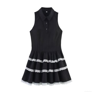 Women's Black Sleeveless Mini Dress Contrast White Lace Trim Layered Cake Skirt Ribbed Fabric Polo Collar Gothic Preppy Style Party Dress
