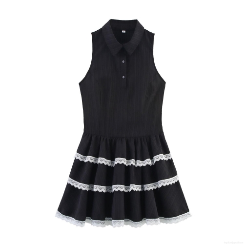 Women's Black Sleeveless Mini Dress Contrast White Lace Trim Layered Cake Skirt Ribbed Fabric Polo Collar Gothic Preppy Style Party Dress