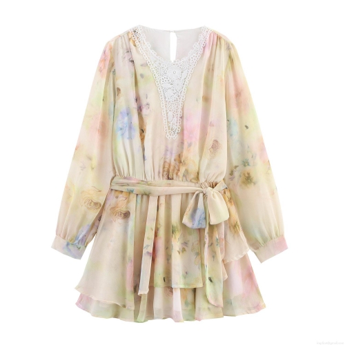 Women's Elegant Floral Print Chiffon Mini Dress V-Neck Lace Patchwork Long Sleeve Ruffle Hem Lace-Up High Waist Tiered Skirt for Party Vacation Romantic Style