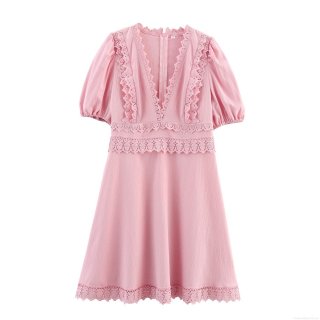 Sweet Pink V Neck Lace Stitching Puff Sleeve Mini Dress For Women Elegant High Waist Short Party Dress Polyester Lace Hollow Out Dress