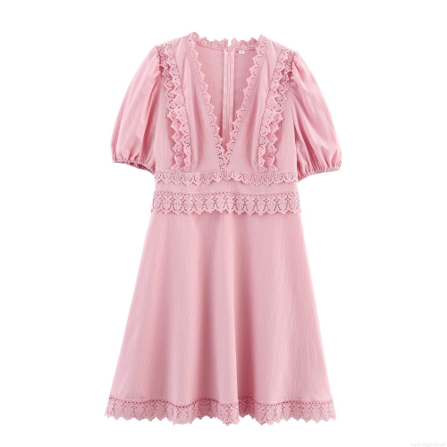 Sweet Pink V Neck Lace Stitching Puff Sleeve Mini Dress For Women Elegant High Waist Short Party Dress Polyester Lace Hollow Out Dress
