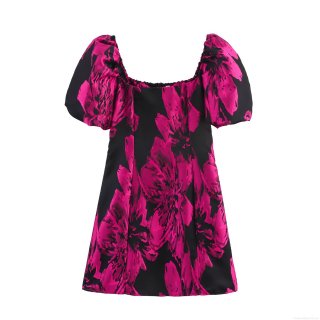 Women's Elegant Floral Jacquard Mini Dress Vintage Square Neck Puff Sleeve Short Dress Evening Party A-Line Fashion Summer Floral Dress For Women
