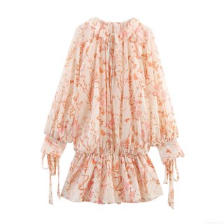 Floral Dress Chiffon Bohemian Long Sleeve Ruffle Tie Round Neck High Waist Mini Dress For Women Summer Vacation Casual Elegant A-Line Clothing
