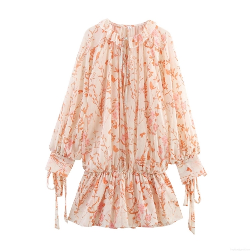 Floral Dress Chiffon Bohemian Long Sleeve Ruffle Tie Round Neck High Waist Mini Dress For Women Summer Vacation Casual Elegant A-Line Clothing