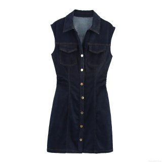 Women's Retro Sleeveless Denim Mini Dress V-Neck Single Breasted Bodycon Jean Dress With Metal Buttons And Pockets For Summer