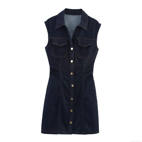 Women's Retro Sleeveless Denim Mini Dress V-Neck Single Breasted Bodycon Jean Dress With Metal Buttons And Pockets For Summer