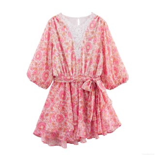 French Style Floral Print V-Neck Dress For Women Pink Chiffon Long Sleeve Mini Dress With Lace Trim Tiered Ruffle Hem Bow Tie Waist Elegant Casual Summer Vacation Party Dress