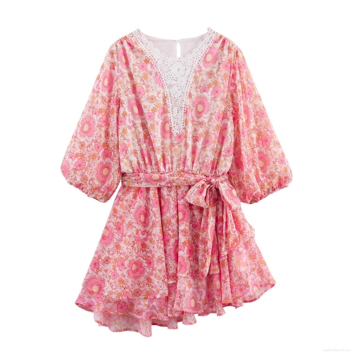 French Style Floral Print V-Neck Dress For Women Pink Chiffon Long Sleeve Mini Dress With Lace Trim Tiered Ruffle Hem Bow Tie Waist Elegant Casual Summer Vacation Party Dress