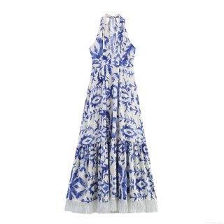 Women Halter Maxi Dress Bohemian Tie-Dye Print V-Neck Sleeveless Tassel Hem Lace Stitching Backless Elegant Resort Style Beach Vacation Sundress