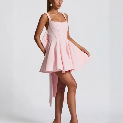 Women Mini Dress Elegant Large Back Bow Square Neck Sleeveless A-Line Puff Party Dress Solid Color Polyester Rayon Blend Bustier Short Gown For Wedding Evening Summer