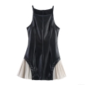 Women Sexy PU Leather Patchwork Pleated Mini Dress Spaghetti Strap Back Zipper Slim Fit Sleeveless Party Dress Bodycon Clubwear Dress