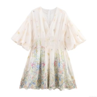 Sweet Floral V-Neck Puff Sleeve Embroidered Mini Dress Women Elegant High Waist Chiffon Mesh Short Dress With Pearl Buttons For Vacation Dating