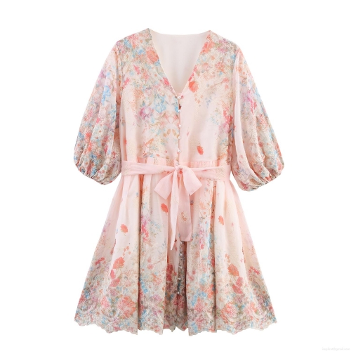 Women's Sweet Pink Floral Print Mini Dress With Embroidery Pearl Buttons V Neck Lantern Sleeve Tie Waist Polyester A-Line Dress