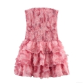 Women's Sweet Pink Strapless Smocked Mini Dress 3D Rose Flower Tiered Ruffle Cake Skirt Sexy Slim Fit Sleeveless Party Club Dress