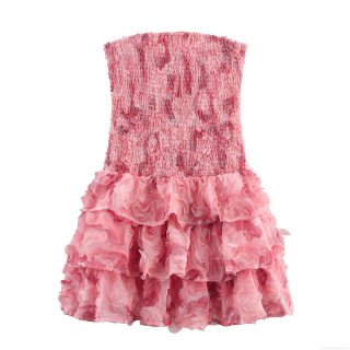 Women's Sweet Pink Strapless Smocked Mini Dress 3D Rose Flower Tiered Ruffle Cake Skirt Sexy Slim Fit Sleeveless Party Club Dress