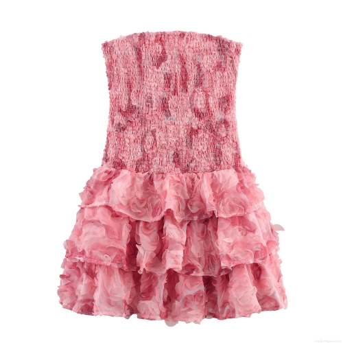 Women's Sweet Pink Strapless Smocked Mini Dress 3D Rose Flower Tiered Ruffle Cake Skirt Sexy Slim Fit Sleeveless Party Club Dress