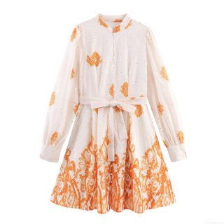 Women's Elegant Resort Style Floral Print Mini Dress Hollow Out Embroidery Long Sleeve Waist Tie Stand Collar Polyester Short Dress Summer Vacation Fashion