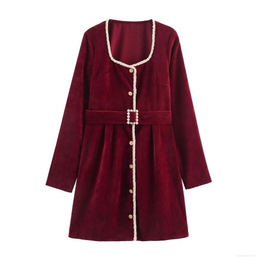 Women's Elegant Wine Red Velvet Chenille Dress Square Neck With Pearl Buttons Professional Long Sleeve Mini Dress For Office Party