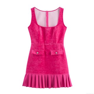 Women's Sweet Rose Red Chenille Sleeveless Mini Dress Square Neck Pleated Hem High Waist Velvet Dress With Decorative Buttons For Party Dating