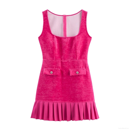 Women's Sweet Rose Red Chenille Sleeveless Mini Dress Square Neck Pleated Hem High Waist Velvet Dress With Decorative Buttons For Party Dating