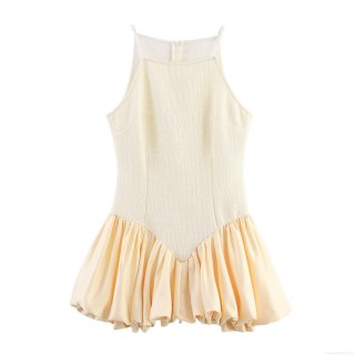 Women's Elegant Halter Mini Dress Sweet Tweed Satin Patchwork Bubble Skirt Sleeveless Pleated V-Waist Back Zipper Party Dress For Women Milky White